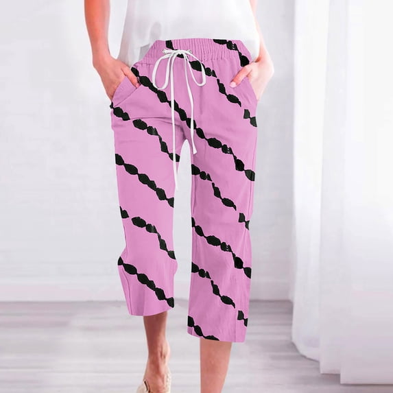 ZHUGeLI Trousers Pants for Women Plus Size Linen Capris Pants Vintage Floral Print 3/4 Length Trouser Drawstring Wide Leg Capri Pant Capri Pants Comfy Trousers Elastic Pants