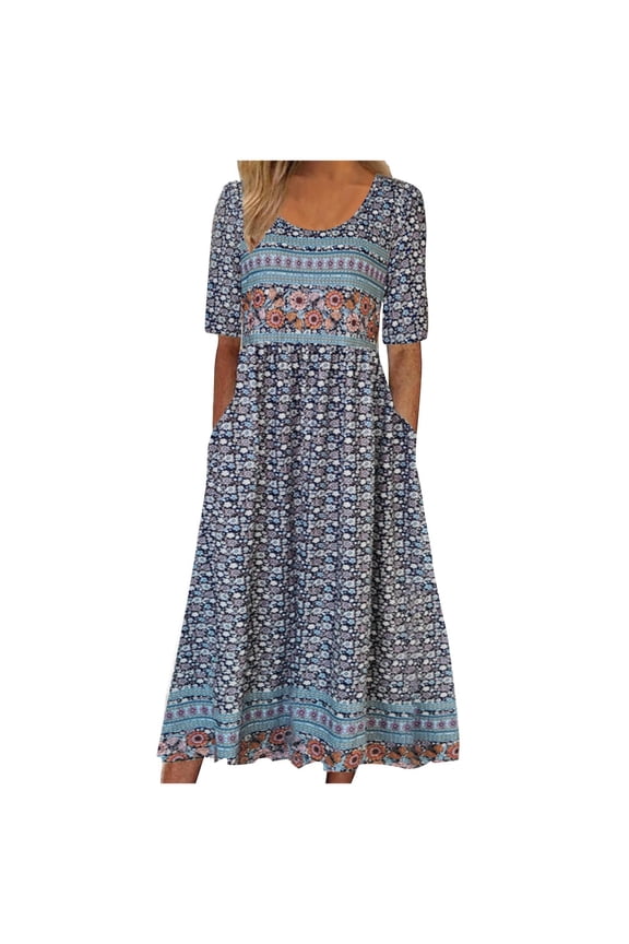 Tshirt Dress for Women 2024 Casual Plus Size Summer Midi Dress Boho Floral Print Loose Flowy Long Dresses with Pockets