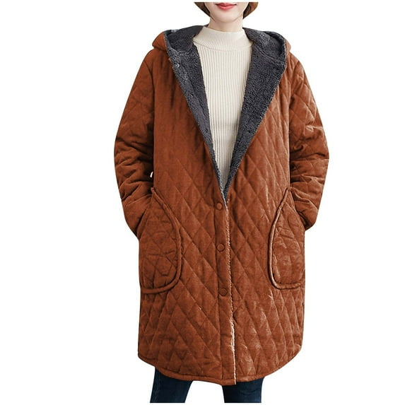 ZHUGeLI Winter Coats For Women 2023 Fleece Lined Down Jacket Thickened Warm Hooded Overcoat Oversized Button Long Jackets