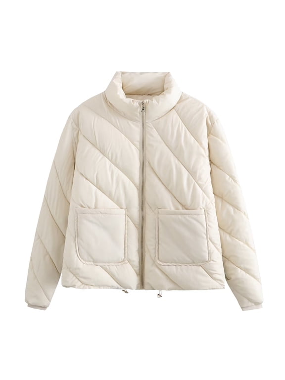 Women Cropped Puffer Jacket Winter Warm Lightweight Quilted Twill Coats Long Sleeve Stand Collar Zip Up Short Jacket