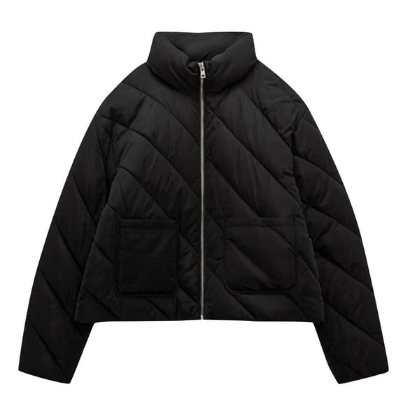 ZHUGeLI Women Cropped Puffer Jacket Winter Warm Lightweight Quilted Twill Coats Long Sleeve Stand Collar Zip Up Short Jacket