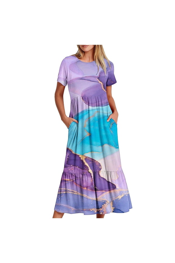 Women Summer Round Neck Flutter Short Sleeve Smocked Ruffle Tiered Solid Color Maxi Long Dress 2024