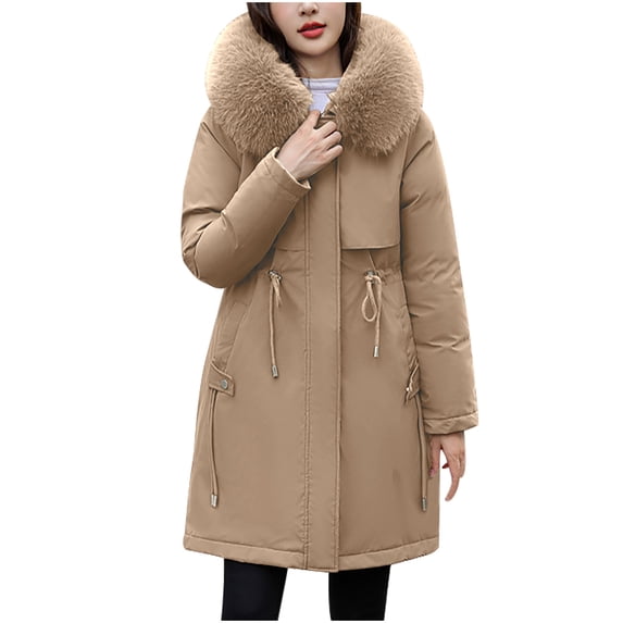 ZHUGeLI Women Womens Winter Coats 2024 Long Warm Puffer Jackets Heavy Parka Coat Thicken Padded Outwear Overcoats with Fur HoodWarm Pocket Coat Turn Down Collar Long Jacket Winter Down Parkas