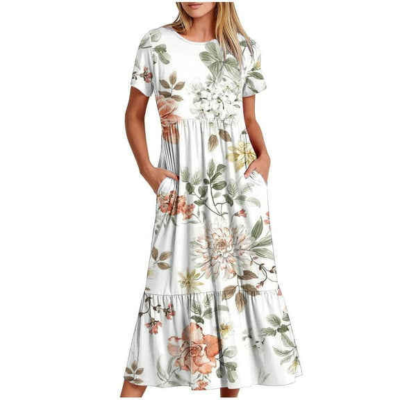 ZHUGeLI Women's 2024 Summer Casual Dresses Flutter Short Sleeve Crewneck Loose Flowy Tiered Beach Maxi Dress with Pockets
