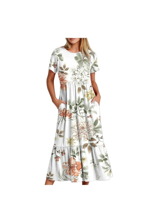 Women's 2024 Summer Casual Dresses Flutter Short Sleeve Crewneck Loose Flowy Tiered Beach Maxi Dress with Pockets