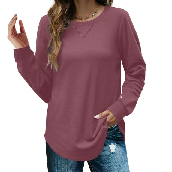ZHUGeLI Women's Autumn and Winter Casual Solid Color Round Neck Pullover Long Sleeve Top