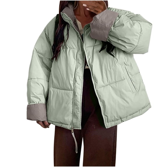 ZHUGeLI Women's Baggy Puffer Short Jacket Winter Full Zipper Cropped Down Coat Teen Girls Lightweight Quilted Jacket Outwear