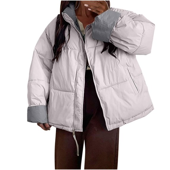 ZHUGeLI Women's Baggy Puffer Short Jacket Winter Full Zipper Cropped Down Coat Teen Girls Lightweight Quilted Jacket Outwear