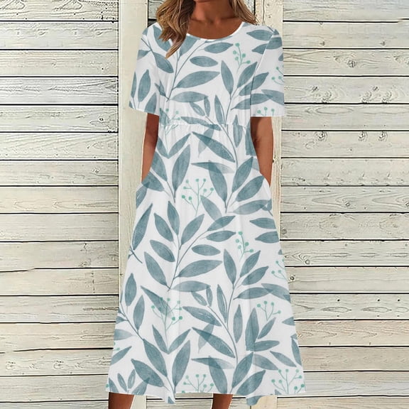 ZHUGeLI Women's Boho Floral Flowy A Line Midi Dress Casual Loose Summer Short Sleeve Beach Vacation Dresses with Pockets