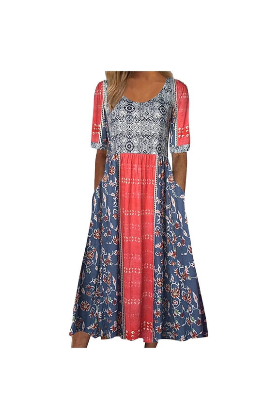 Women's Half Sleeve Linen Maxi Dresses Casual Loose Plus Size Beach Dress for Women with Pockets