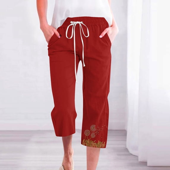 ZHUGeLI Women's Pants Lightweight Summer Pants Women Casual Cotton Linen Cropped Pants Elastic Waist Drawstring Ethnic Floral Capris Trousers Drawstring Capri Joggers Hiking Pants Lounge Pants