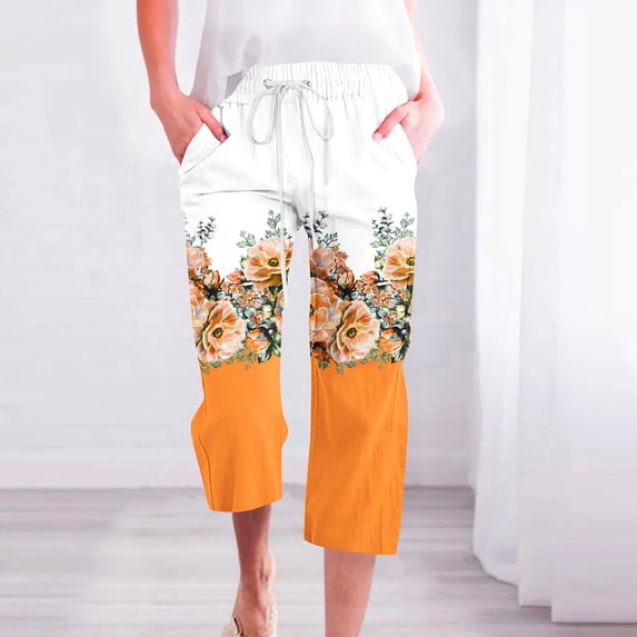 ZHUGeLI Women's Pants Linen Capri Pants for Women Drawstring Waisted Pants Summer Casual Loose Wide Leg Trousers Cropped Pants With Pockets Ankle Capris Trousers Elastic Waist