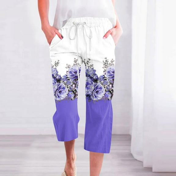 ZHUGeLI Women's Pants Linen Capri Pants for Women Drawstring Waisted Pants Summer Casual Loose Wide Leg Trousers Cropped Pants With Pockets Ankle Capris Trousers Elastic Waist