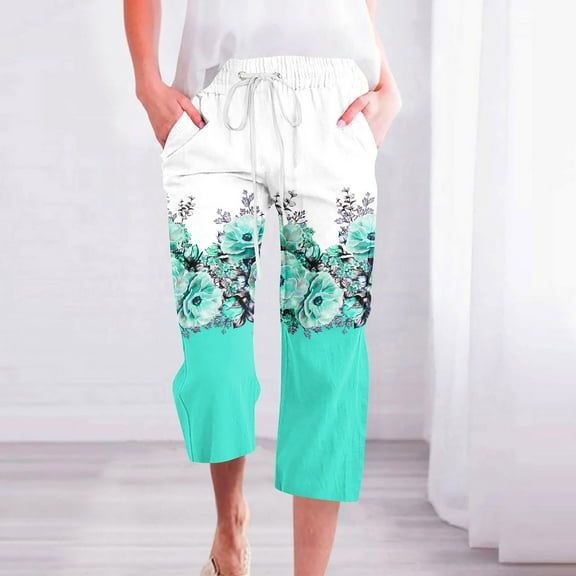 ZHUGeLI Women's Pants Linen Capri Pants for Women Drawstring Waisted Pants Summer Casual Loose Wide Leg Trousers Cropped Pants With Pockets Ankle Capris Trousers Elastic Waist
