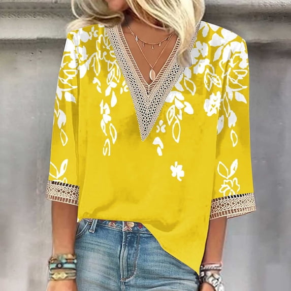 ZHUGeLI Women's Printed Pullover V-neck Lace T-shirt With 4/3 Sleeves And 3/4 Sleeves Top Up to 50% off Clearance