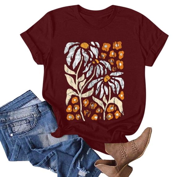 ZHUGeLI Women's Printed Round Neck Short Sleeved T-shirt Top Short Sleeved Round Neck Top/shirt Up to 50% off Clearance