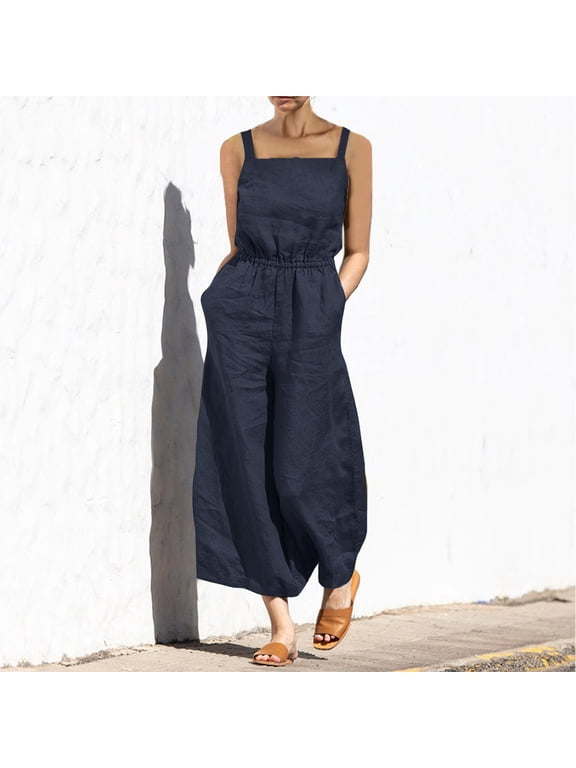 Women's Sleeveless Loose Overalls Rompers Cotton Linen Wide Leg Jumpsuits Up to 50% off Clearance