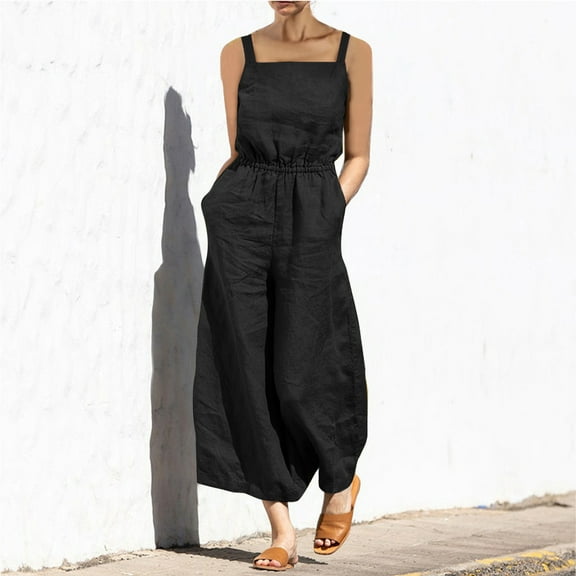 ZHUGeLI Women's Sleeveless Loose Overalls Rompers Cotton Linen Wide Leg Jumpsuits Up to 50% off Clearance