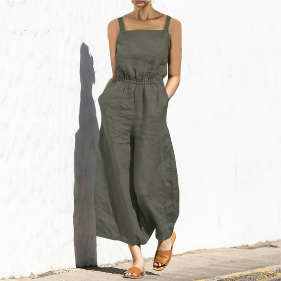 ZHUGeLI Women's Sleeveless Loose Overalls Rompers Cotton Linen Wide Leg Jumpsuits Up to 50% off Clearance