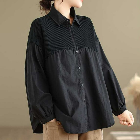 ZHUGeLI Women's Spring Lapel Collar Single Breasted Pocket Long Sleeved Corduroy Spliced Shirt Up to 50% off Clearance