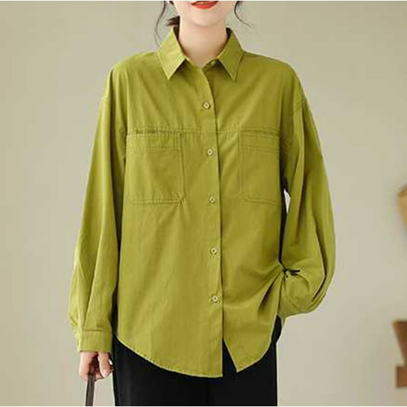 ZHUGeLI Women's Spring Lapel Collar Single Breasted Pocket Long Sleeved Solid Colored Workwear Pocket Shirt Up to 50% off Clearance