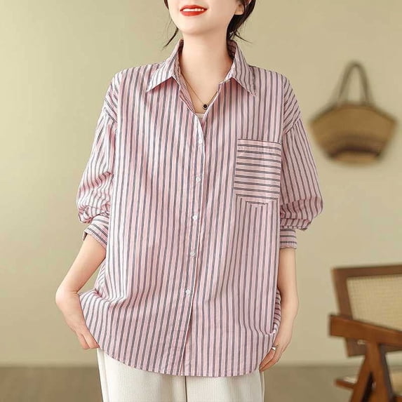ZHUGeLI Women's Spring Lapel Collar Single Breasted Pocket Long Sleeved Stripe Workwear Pocket Shirt Up to 50% off Clearance