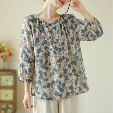 ZHUGeLI Women's Spring Summer Linen Casual 3/4 Sleeve Round-Neck Blouse Loose Tops Up to 50% off Clearance