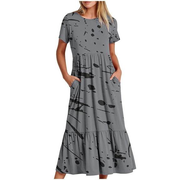 ZHUGeLI Women's Summer Casual Short Sleeve Crewneck Swing Dress Flowy Tiered Maxi Beach Dress with Pockets