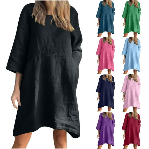 ZHUGeLI Women's Summer Casual T-shirt Dresses Short Sleeve Boho Beach Dress Casual 3/4 Sleeve Solid Round Neck Dresses Imitation Cotton and Linen Solid Color with Pockets