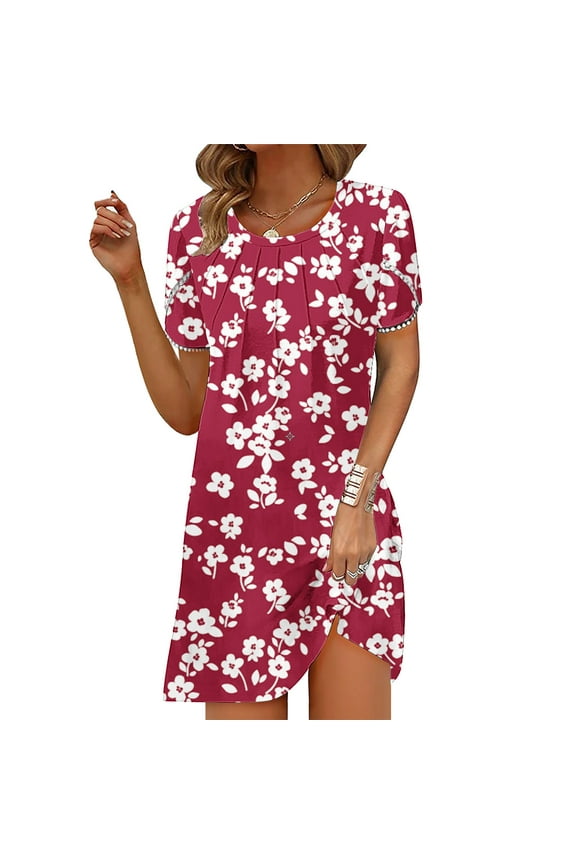Women's Summer Casual Women's Fashionable Printed Short Sleeved Round Neck Dress Short Sleeved Round Neck Dress Tiered Ruffle Boho Swing Dresses