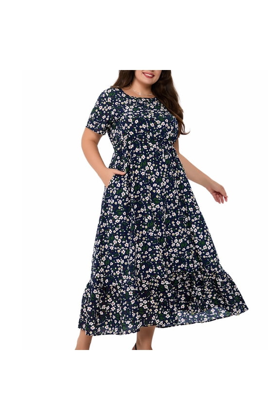 Women's Summer Casual Women's Oversized Summer Fashionable Round Neck Short Sleeved Printed Pocket Casual Dress Flare Ruffle Adjustable Straps Beach Summer Midi Dress