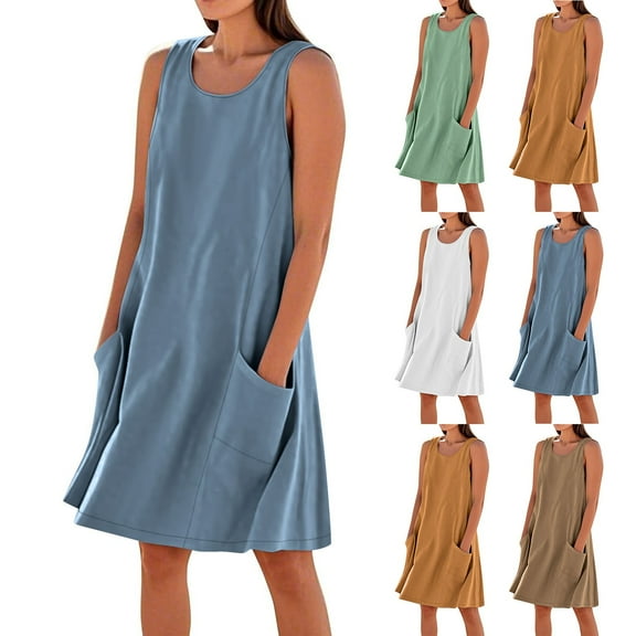 ZHUGeLI Women's Summer Dresses Solid Color Casual Sleeveless Cotton Linen Loose Fitting Dress with Pockets