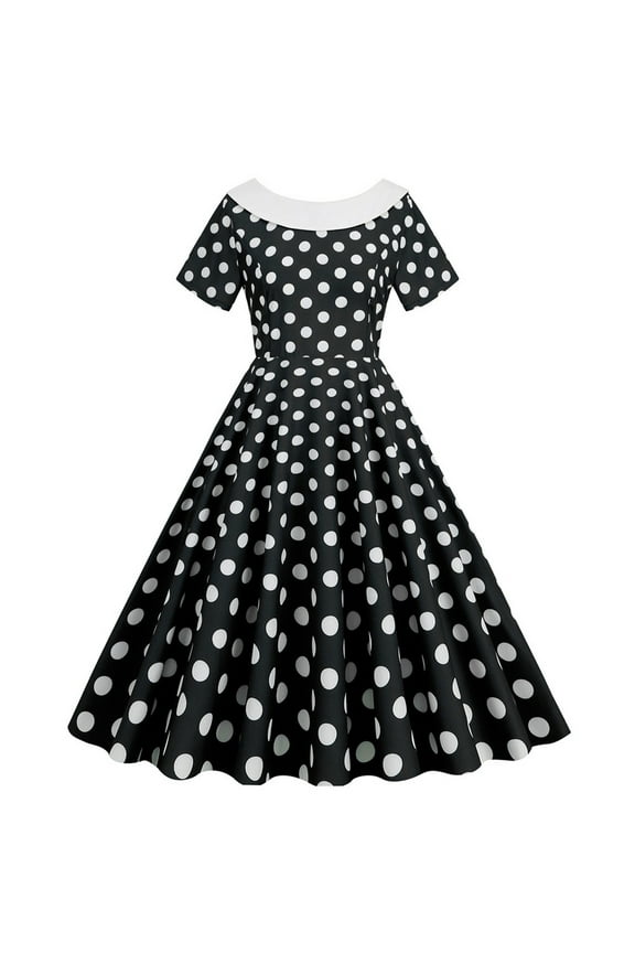 Women's Summer Sundress Fashion Womens A Line Flare Vintage Dress BowKnot Prom Round Neck Collar Short Sleeve Polka Printing Tiered Ruffle Boho Swing Dresses