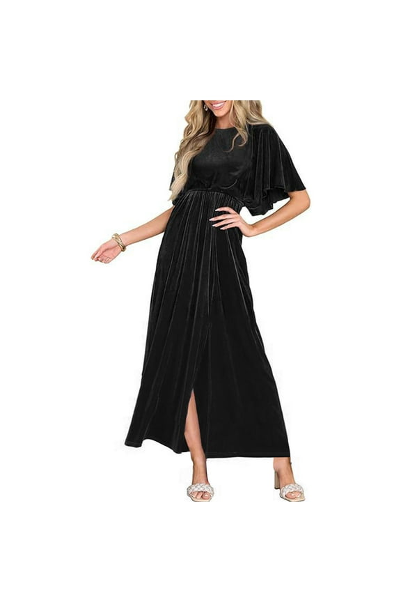 Women's Summer Sundress Women Solid Color Velvet Dress Short Sleeve Round Neck V-Neck Dress Floral Print Ruffle Puff Sleeve High Waist Midi Beach Dresses