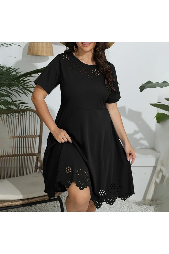Women's Summer Sundress Women's Oversized Hollowed Out Round Neck Waistband Short Sleeved Large Skirt Solid Color Dress Beach Casual Tshirt Plus Size Floral Short Sleeve Loose Flowy Sundresses