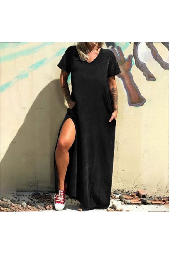 Women's Summer Sundress Women's Summer Casual Dress Round Neck Solid Sexy Pocket Short Sleeve Dress Cute Short Sleeve High Waist A-line Sundress Midi Dresses 2024