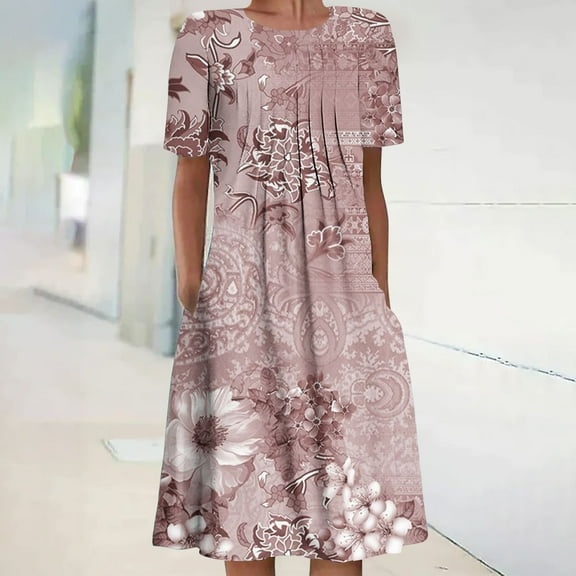 ZHUGeLI Women's Summer Sundress Women's Summer Casual Round Neck Short Sleeve Folding Printed Dresses Ruffle Hem Flowy Boho Dresses