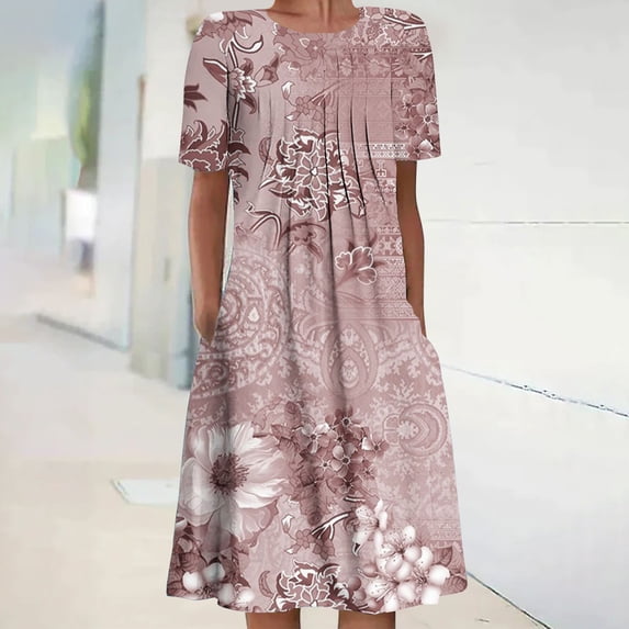 ZHUGeLI Women's Summer Sundress Women's Summer Casual Round Neck Short Sleeve Folding Printed Dresses Ruffle Hem Flowy Boho Dresses