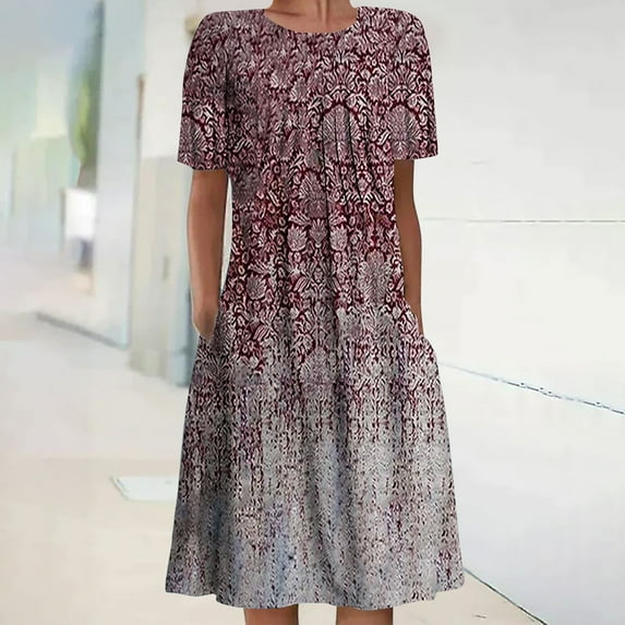 ZHUGeLI Women's Summer Sundress Women's Summer Casual Round Neck Short Sleeve Folding Printed Dresses Ruffle Hem Flowy Boho Dresses