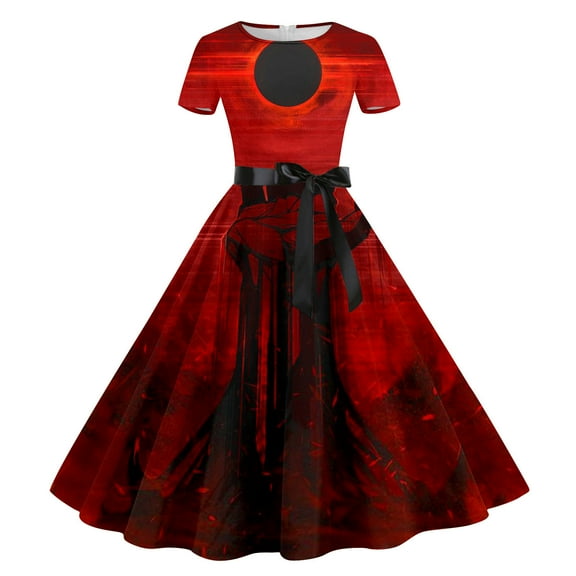 ZHUGeLI Women's Summer Sundress Women's Summer Fashion Printed Short Sleeve Pullover Buttons Dress Belted Ruffle Hem A-Line Flowy Midi Dresses