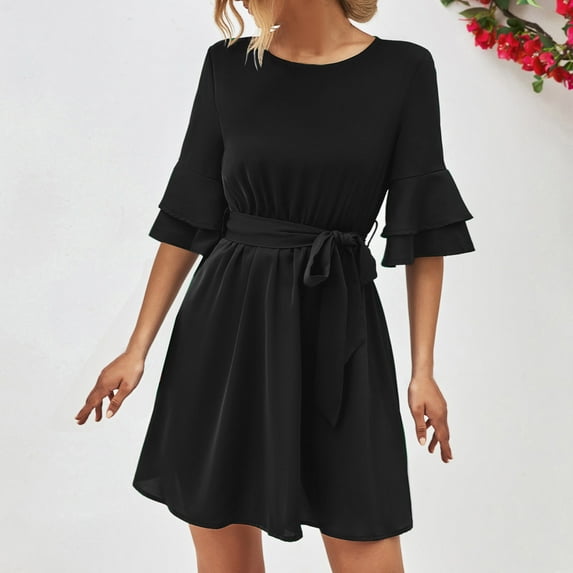 ZHUGeLI Women's Summer Sundress Womens Fashion Summer Short Sleeve Bandsge Round-Neck Solid Vacation Beach Dress Smocked Elastic Waist Tiered Midi Dress