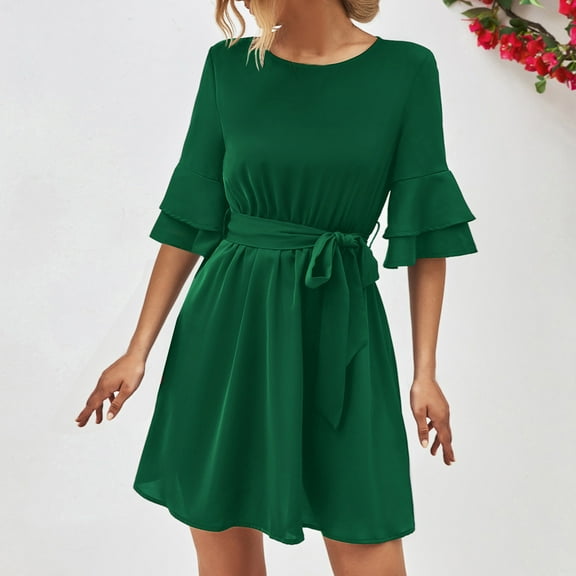 ZHUGeLI Women's Summer Sundress Womens Fashion Summer Short Sleeve Bandsge Round-Neck Solid Vacation Beach Dress Smocked Elastic Waist Tiered Midi Dress