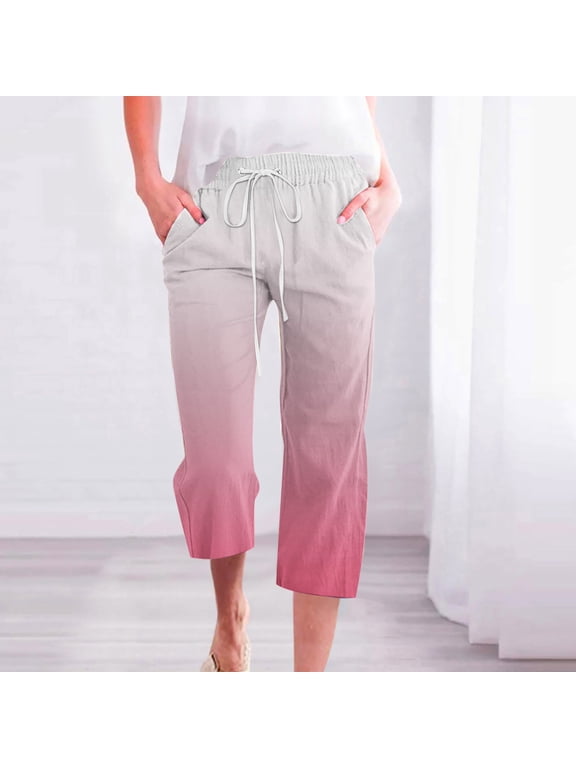 Womens Cargo Pants Linen Capri Pants Women Summer Beach Casual Pants Straight Leg Capri Pants Elastic Waist Boho Floral Print Pants High Waist Loose Comfy Trousers