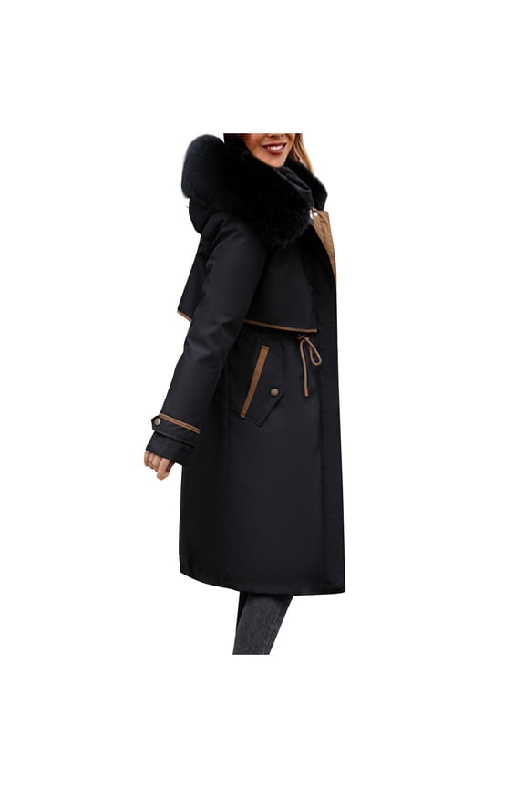 Womens Hooded Parka Puffer Jacket Thicken Cotton Padded Winter Coats Drawstring Long Down Outwear with Faux Fur Trimmed