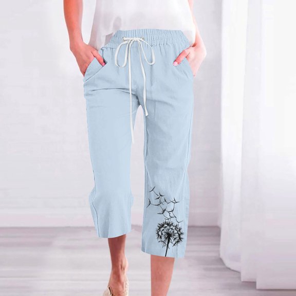 ZHUGeLI Womens Joggers With Pockets Lightweight Summer Pants Women Casual Cotton Linen Cropped Pants Elastic Waist Drawstring Ethnic Floral Capris Trousers High Waist Loose Comfy Trousers
