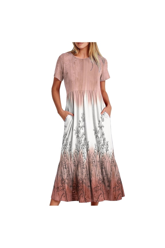 Womens Summer Dress Casual Flowy Swing Maxi Dresses Short Sleeve Crewneck Sundress Tiered Beach Dress with Pockets