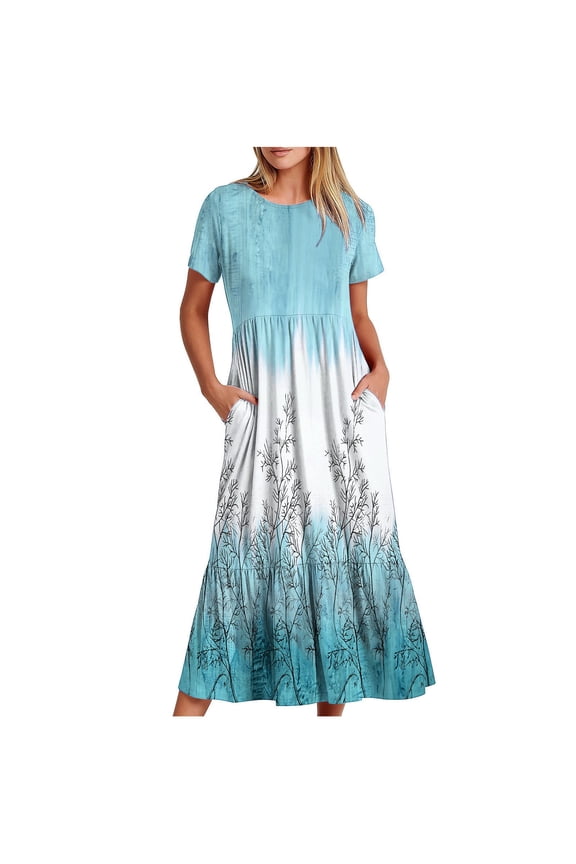 Womens Summer Dress Casual Flowy Swing Maxi Dresses Short Sleeve Crewneck Sundress Tiered Beach Dress with Pockets