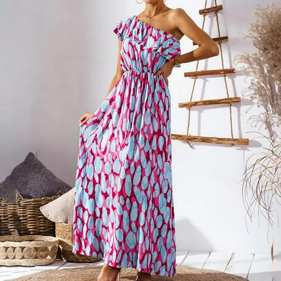 ZHUGeLI Womens Summer Dresses 2024 New Fashion Women's Boho Summer Shoulder Sleeveless Elastic Waist Dress Beach Maxi Leaky Shoulder Dress Up to 50% off Clearance