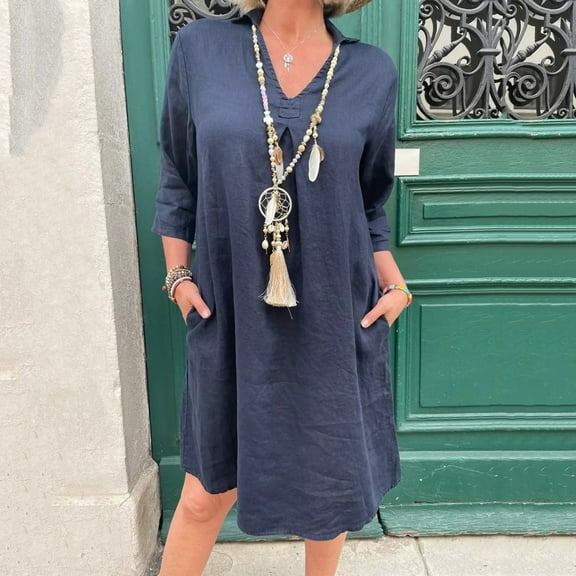 ZHUGeLI Womens Summer Dresses 2024 New Women's Fashion Casual V-Neck Mid-length 3/4 Sleeves Solid Color Dress Up to 50% off