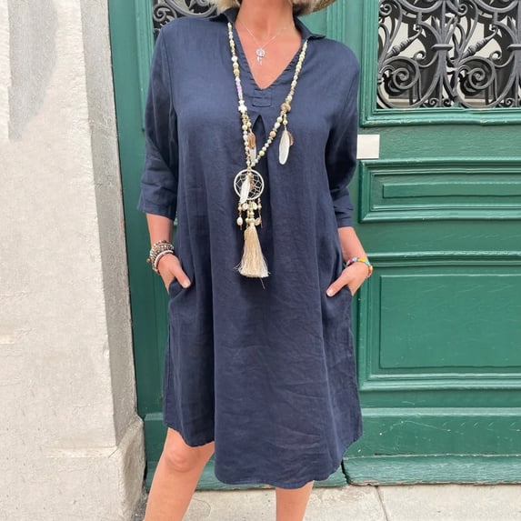 ZHUGeLI Womens Summer Dresses 2024 New Women's Fashion Casual V-Neck Mid-length 3/4 Sleeves Solid Color Dress Up to 50% off